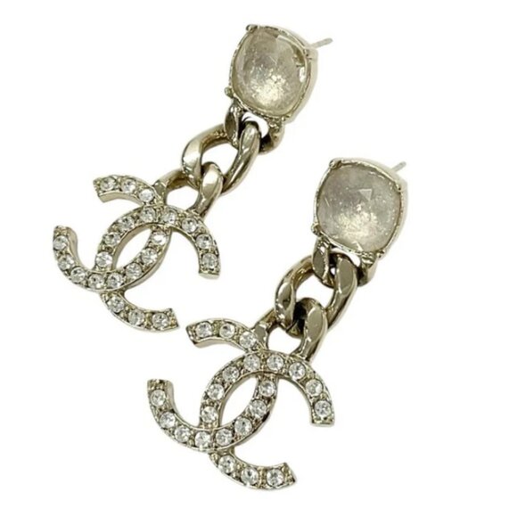 CHANEL CC Logos Rhinestone Dangle Stud Earrings Gold Tone C23C Auth - Picture 2 of 6